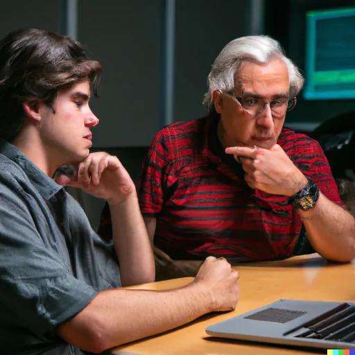 DALL-E generated image of a old developer mentoring a young developer alt 2