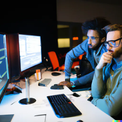 DALL-E generated image of a group of developers working on code alt 2