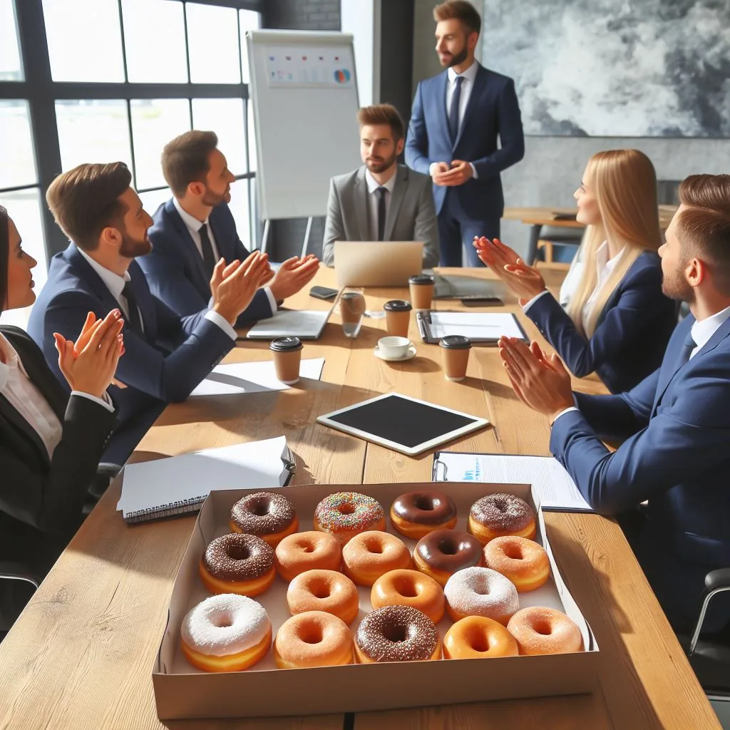 Microsoft Designer image of people in a conference room with donuts alt 1