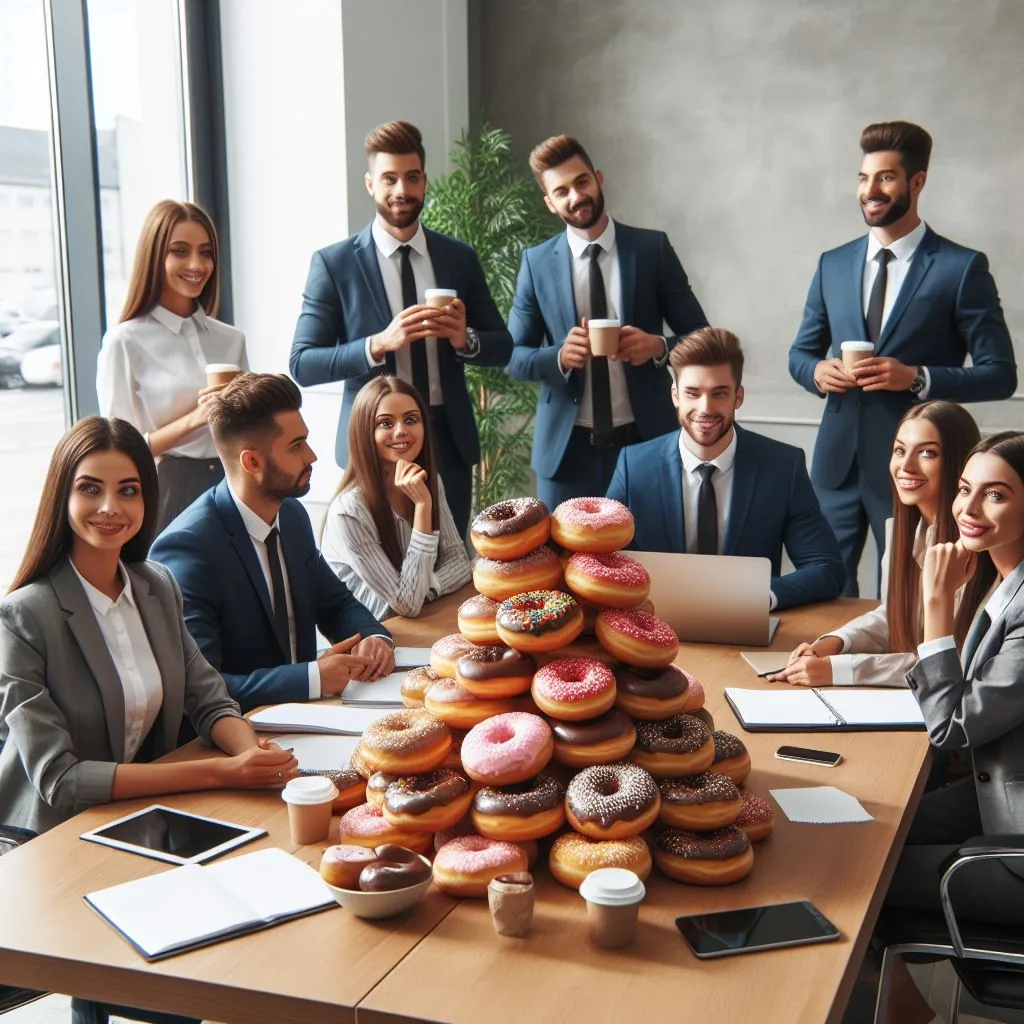 Microsoft Designer image of people in a conference room with donuts alt 2