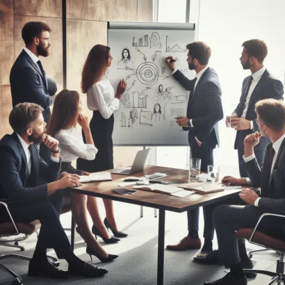 Microsoft Designer image of a group of people around a conference table looking at a white board alt 3