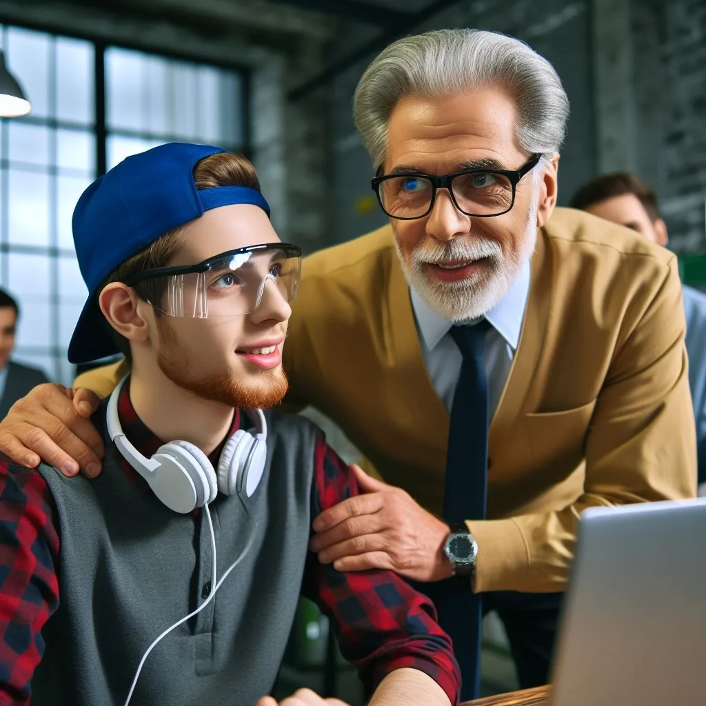 Microsoft Designer image of a old developer mentoring a young developer alt 2