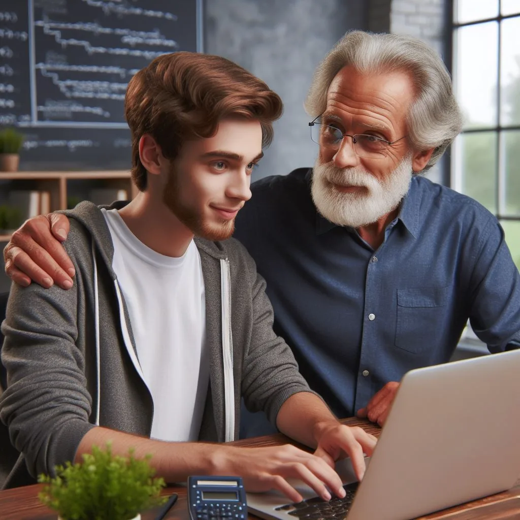 Microsoft Designer image of a old developer mentoring a young developer alt 4