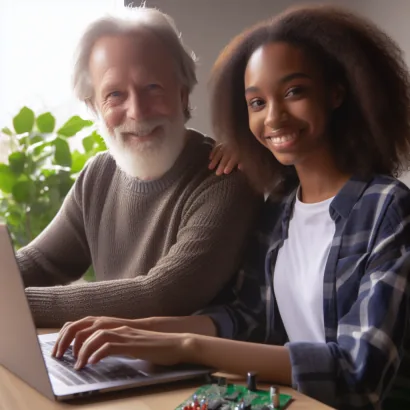 Two people at a computer, one with three hands