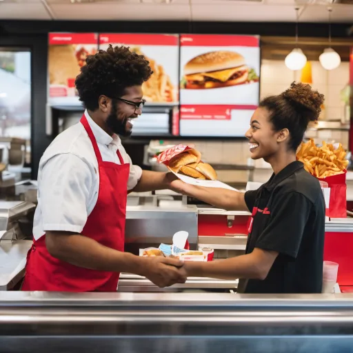 A fast food worker helping a customer