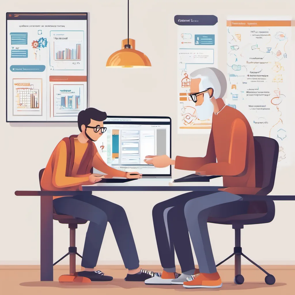 An older developer mentoring a younger one