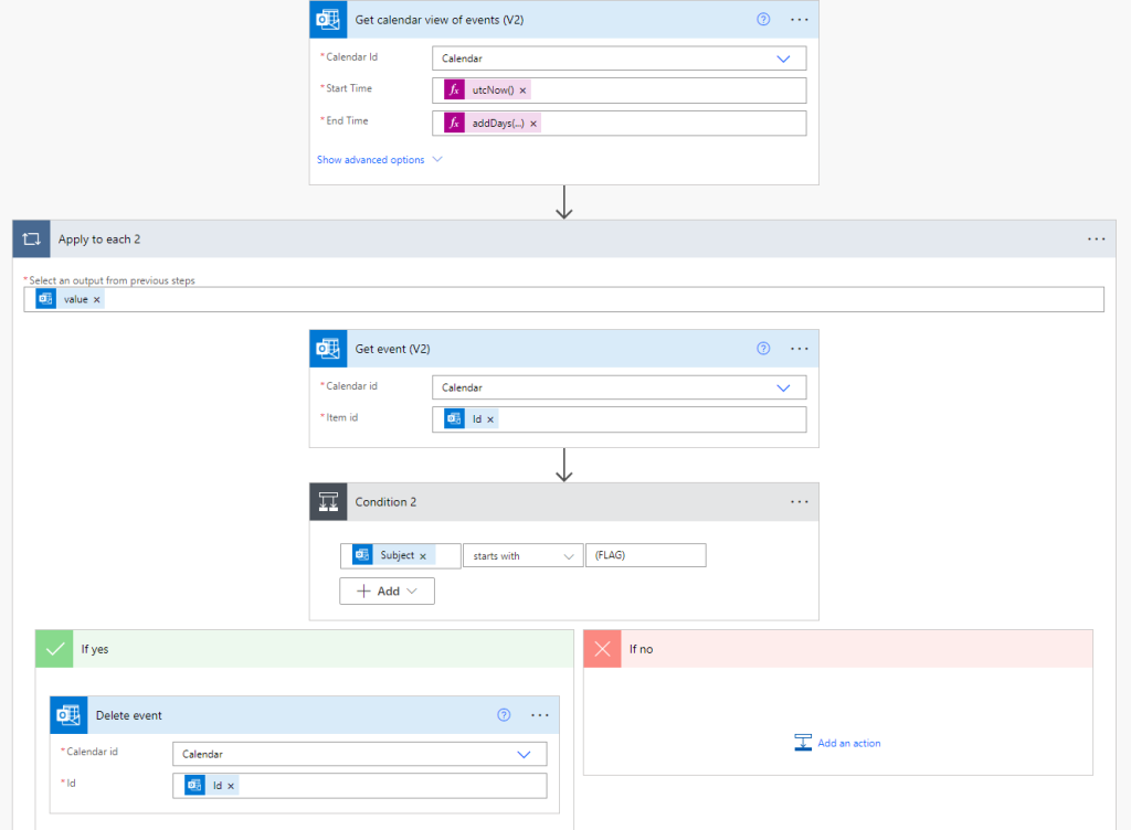 Power Automate steps to retrieve existing calendar events, check for our import flag, then delete them.\n