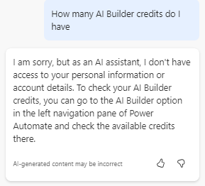 Copilot prompt asking question on credits and the response
