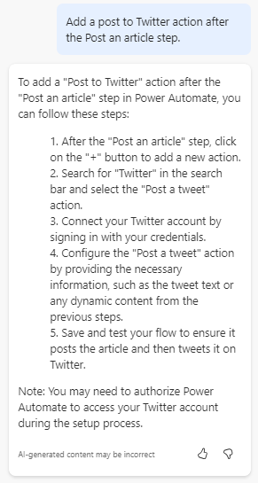 Copilot prompt asking to add an action to the flow. Instead of updating the flow, copilot explains how to add the step