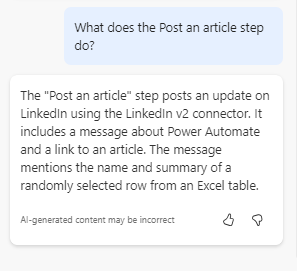 Copilot prompt asking what specific step does and the response