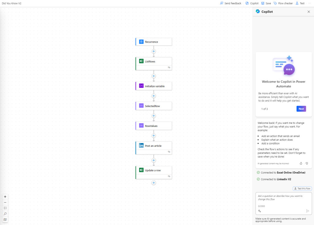 Power Automate interface with example did you know flow in edit mode and copilot window on the right