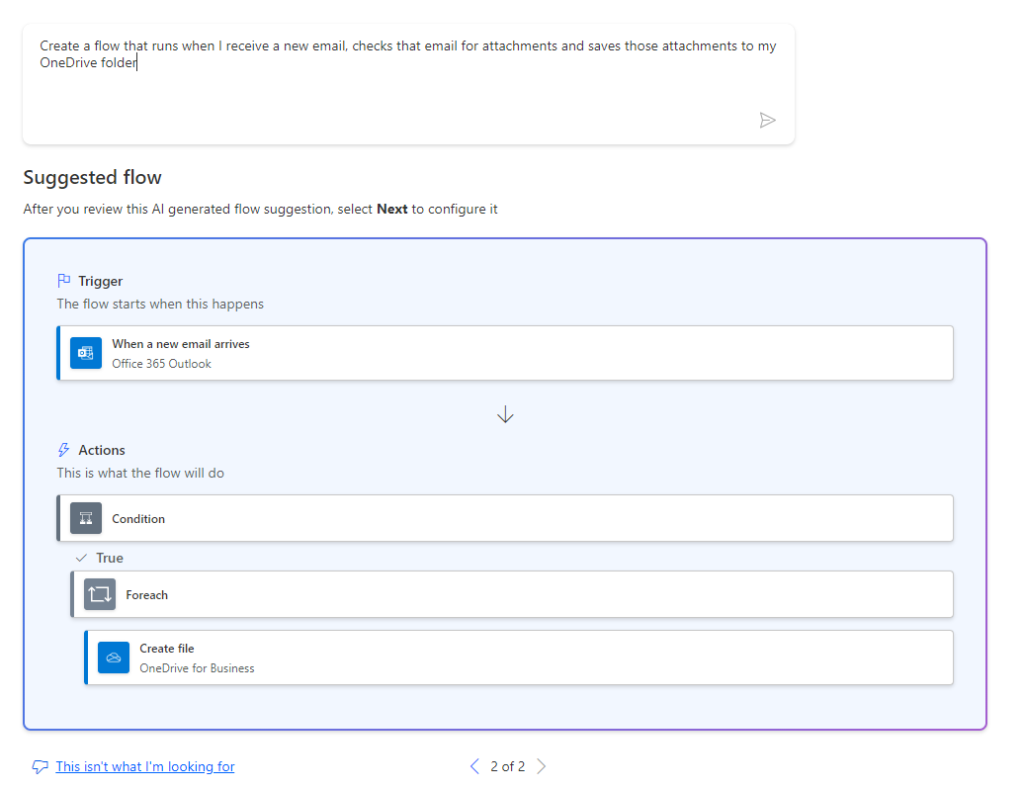 A Power Automate flow suggestion showing the same as the previous image with added condition before the for-each