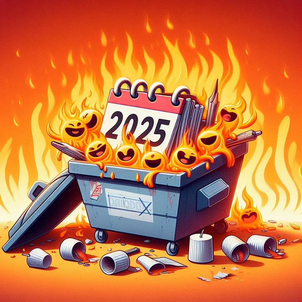 AI generated image: A 2025 calendar in a dumpster and everything is on fire.